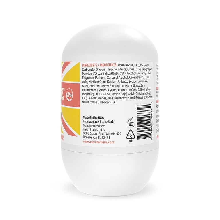 Fresh Kidz Roll On Deodorant For Girls - Baking Soda & Aluminum Free, 24HR Odor Protection, Coral Scent 1.86 Oz
