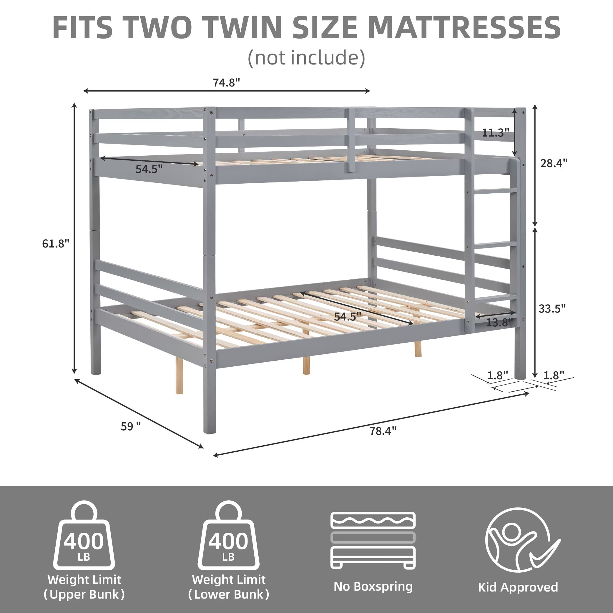 Full Over Full Bunk Bed, Solid Wood Bunk Bed Frame with High Guardrails and Ladder, Heavy Duty Wooden Slats, No Box Spring Needed for Kids, Teens, Guest Room, Grey