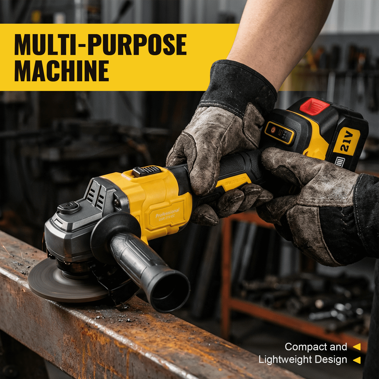 21V Angle Grinder, Double Battery Pack, 2 Grinding Discs, 3 Cutting Discs, Yellow