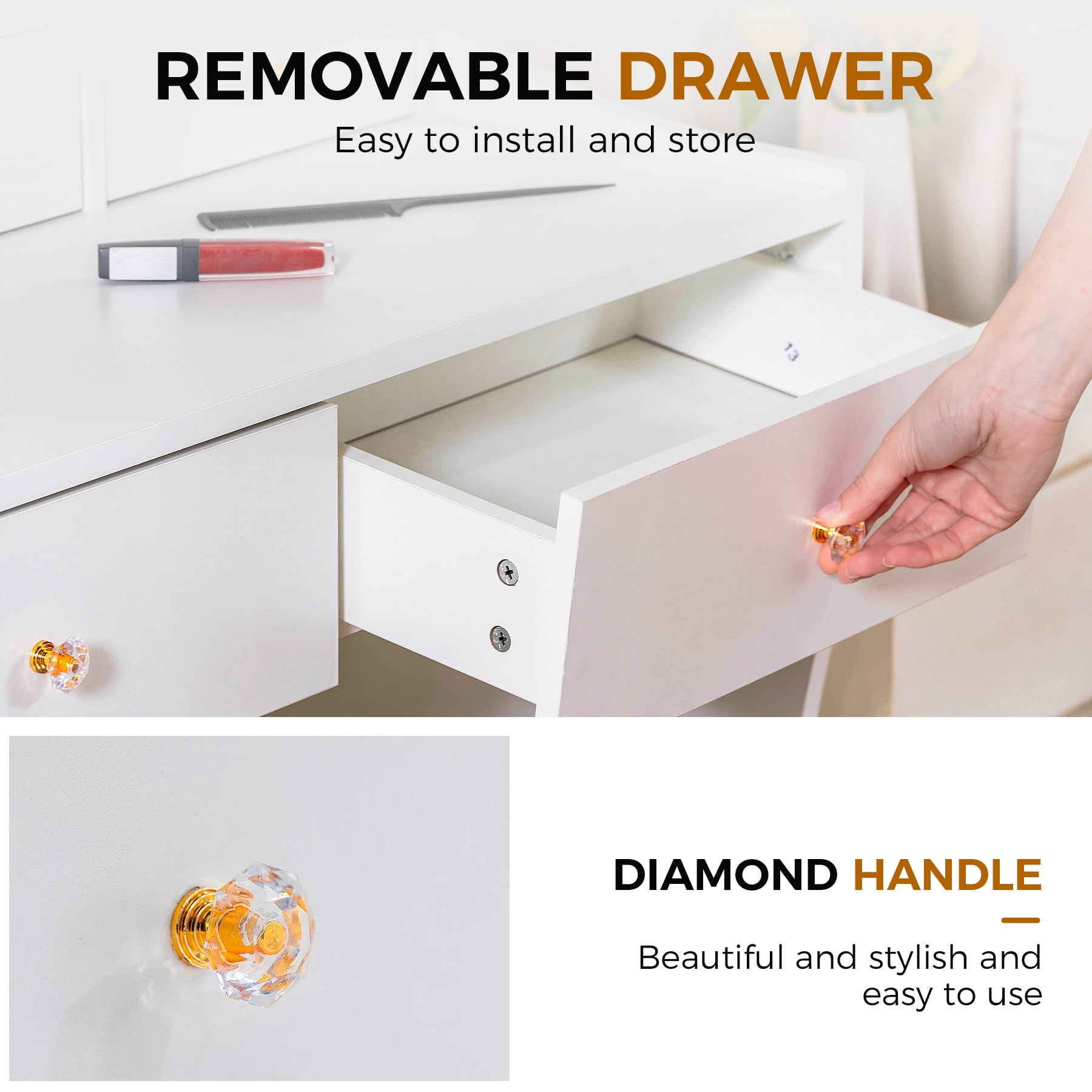 COMHOMA White Vanity Desk with Mirror and Lights, Vanity Table and Chair Set with 4 Drawers and Charging Station