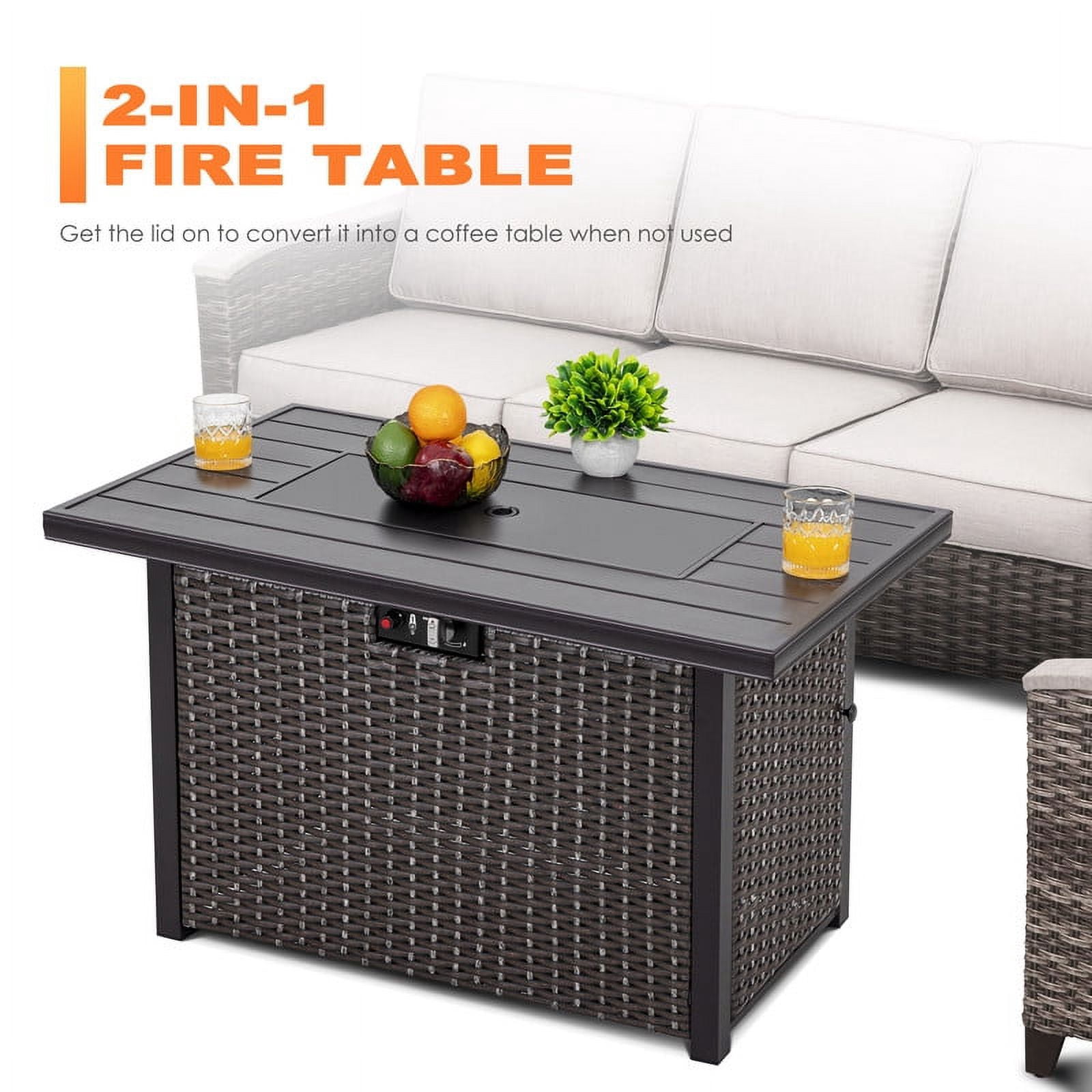Nuu Garden 43" 50000BTU Outdoor Propane Gas Fire Pit Table, Rattan Aluminum Gas Burning Fire Pit Table, Dark Brown