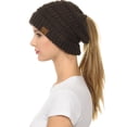 thumbnail image 3 of C.C BeanieTail Soft Stretch Cable Knit Messy High Bun Ponytail Beanie Hat Brown, 3 of 3