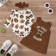 thumbnail image 3 of Pandaie Baby Girls Outfit Long Sleeve Football Bow Print Bodysuit Sleeveless Corduroy Overall Dress Matching Bow Headband Fall Game Day Play Sets Brown,6-12 Months, 3 of 7