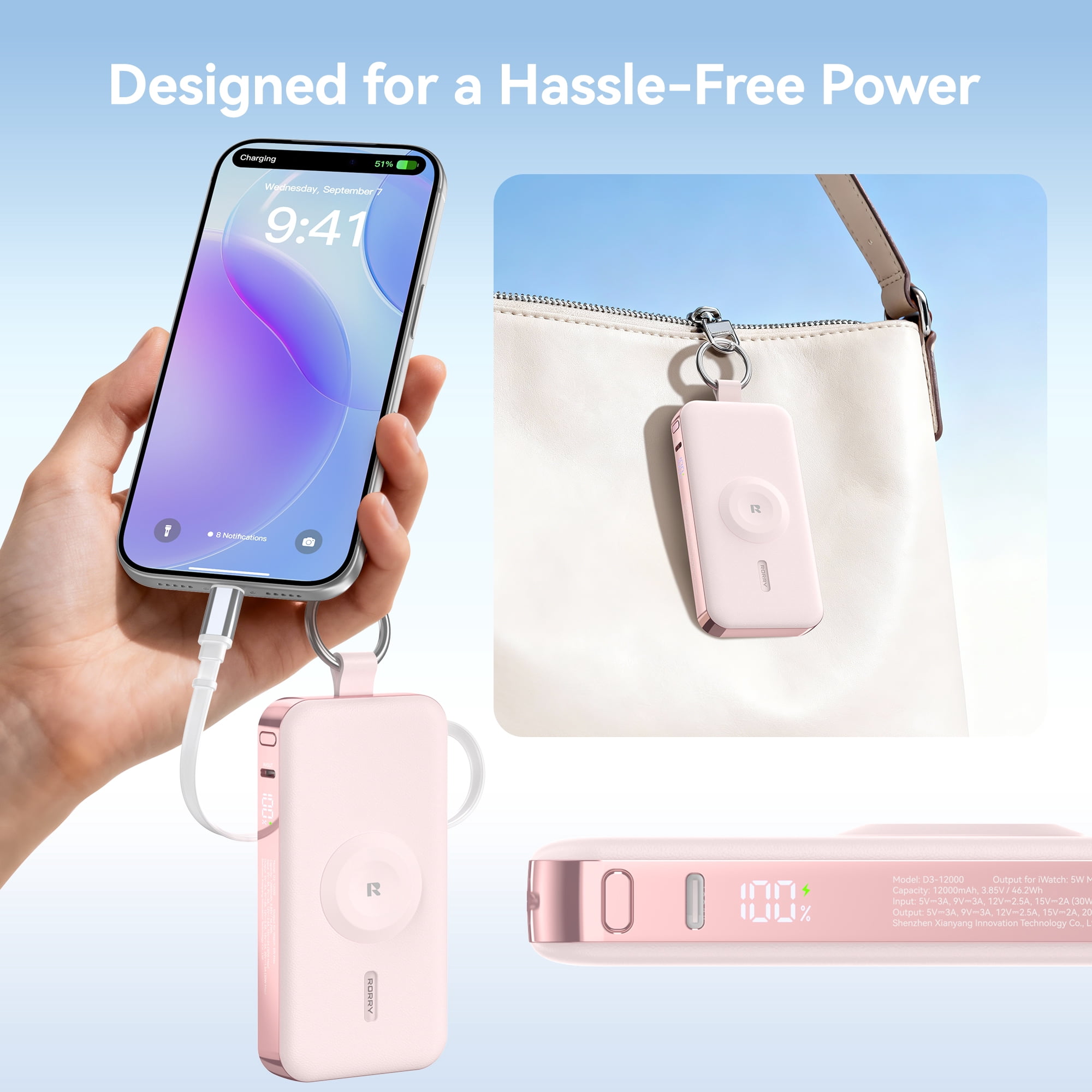 RORRY 12000mAh Portable Charger with USB-C Retractable Cable, Apple Watch Charger, 30W Fast Charging Power Bank for iPhone 17/16/15, Samsung Galaxy, Pixel-Pink