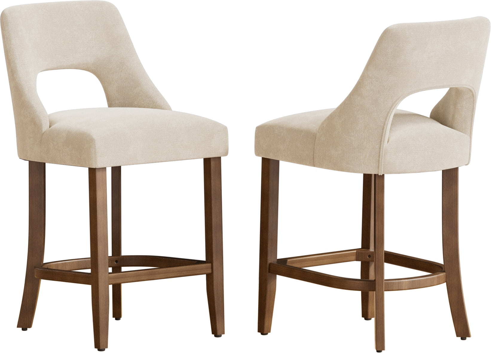 PORKISS 26" Bar Stools Set of 2, Upholstered Kitchen Island Stools with Hollow Back, Mid-Century Counter Stools with Wood Legs Footrest, Beige