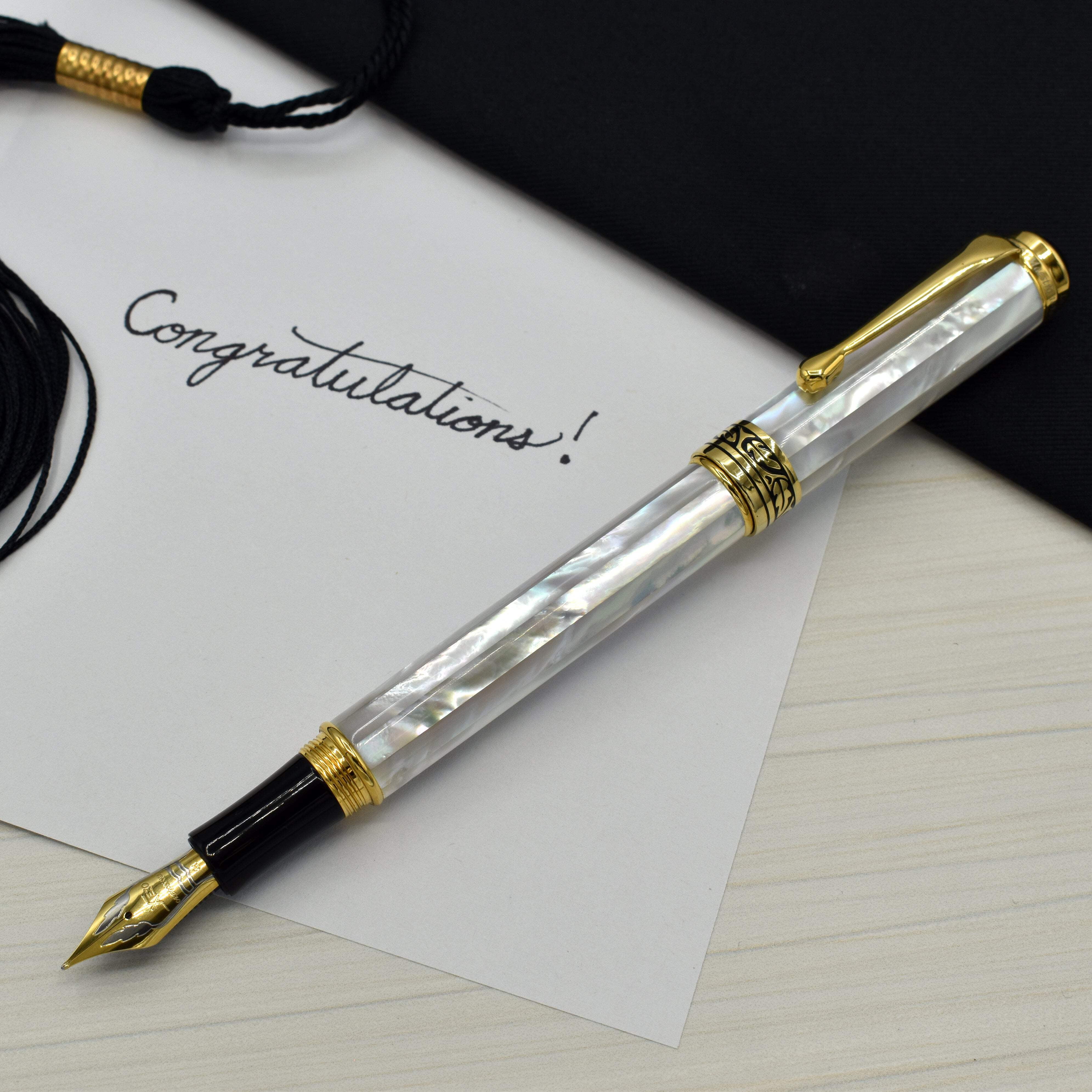 Xezo Xezo Maestro® 18K Gold Plated Fountain Pen (Medium-Fine 0.45 mm Nib) - Oceanic White Mother of Pearl