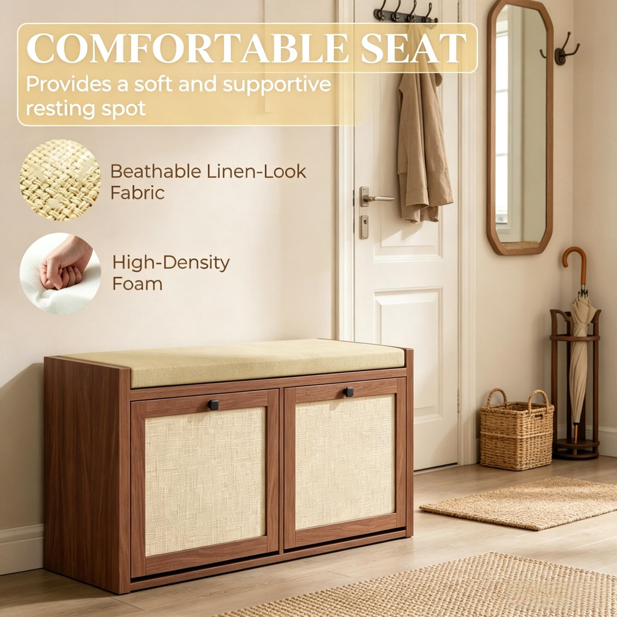 Entryway Shoe Storage Bench, Padded Seat with 2 Rattan Doors for Hidden Shoe Storage, Brown