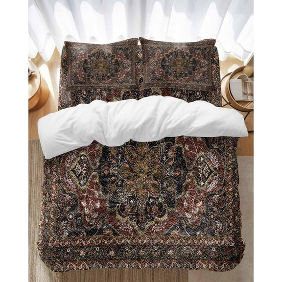 Retro Flower Bedding Duvet Cover Set King Size 4 Pieces Art Carving Textures in Egyptian Style Bedding Set with Zipper Closure, 1 Comforter Cover 92x106 Inches 1 Flat Sheet & 2 Pillow Cases