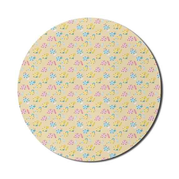 Summer Mouse Pad for Computers, Beach Fun Umbrellas Surfboard Flip Flops Life Sunbathing Repetition, Round Non-Slip Thick Rubber Modern Gaming Mousepad, 8" Round, Pale Pink and Yellow, by Ambesonne