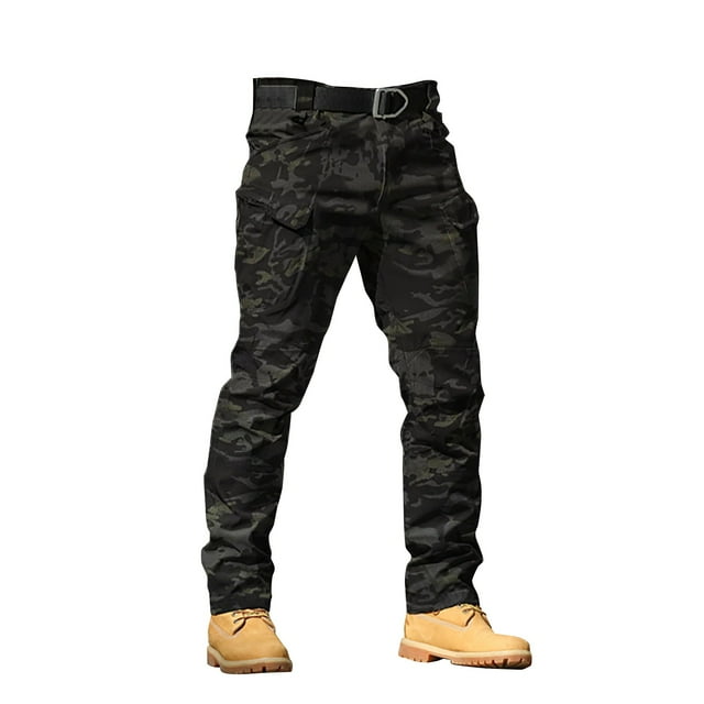 Clearance! Hontri Men's Solid Color Camo Print Outdoor Stretch Overalls with Large Pockets Loose Soft Pants Rainproof Training Pants Cargo Pants for Men Grey L