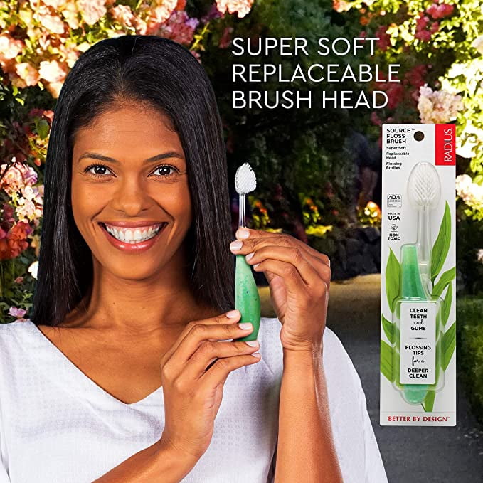 RADIUS Toothbrush Source Floss Brush BPA Free & ADA Accepted Improve Gum Health & Reduce Gum Issues - Soft - Cornstarch/Hemp/Money - Pack of 3