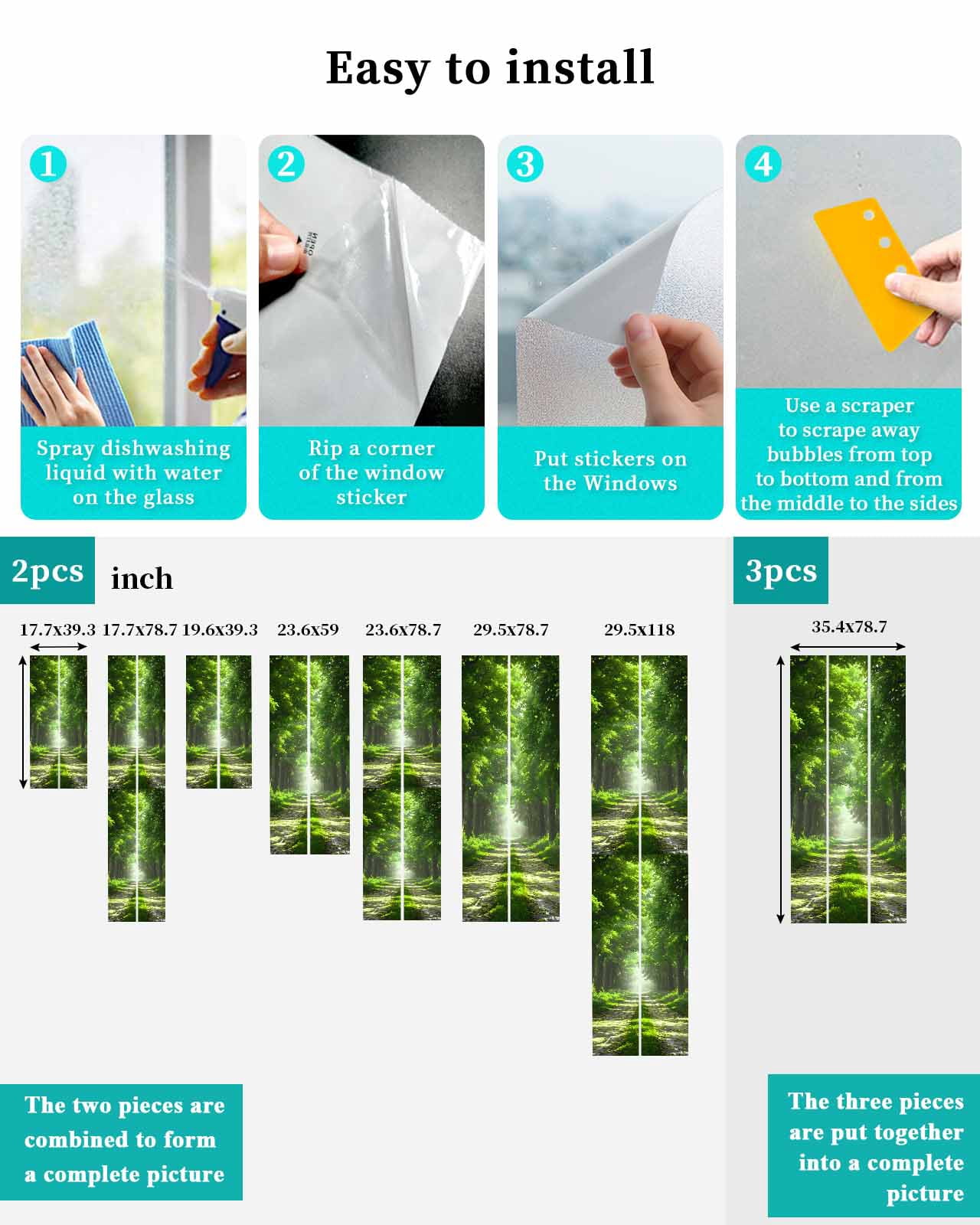 Window Privacy Film Green Trees Stained Glass Window Film Decorative Sun Block Window Cover Forest Art Decor Spring Summer Nature Leaf Window Clings Static Adhesive Sticker for Bathroom 29.5"x78.7"