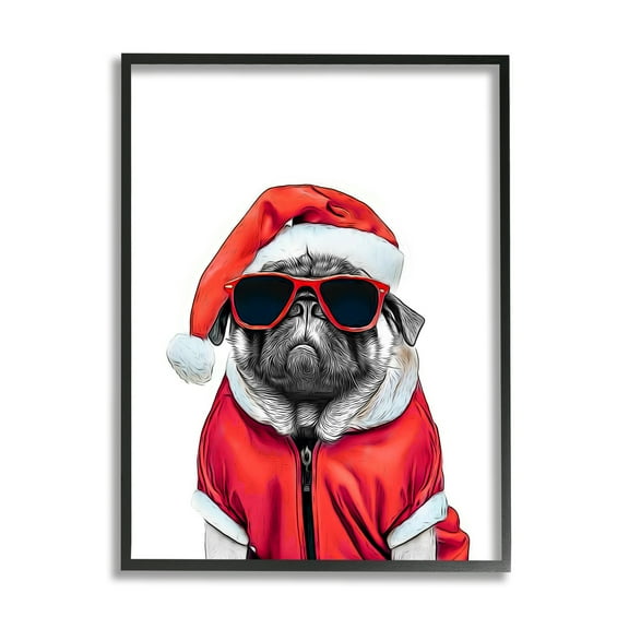 Stupell Industries Funny Pug Santa Hat Holiday Painting Black Framed Art Print Wall Art, 11 x 14
