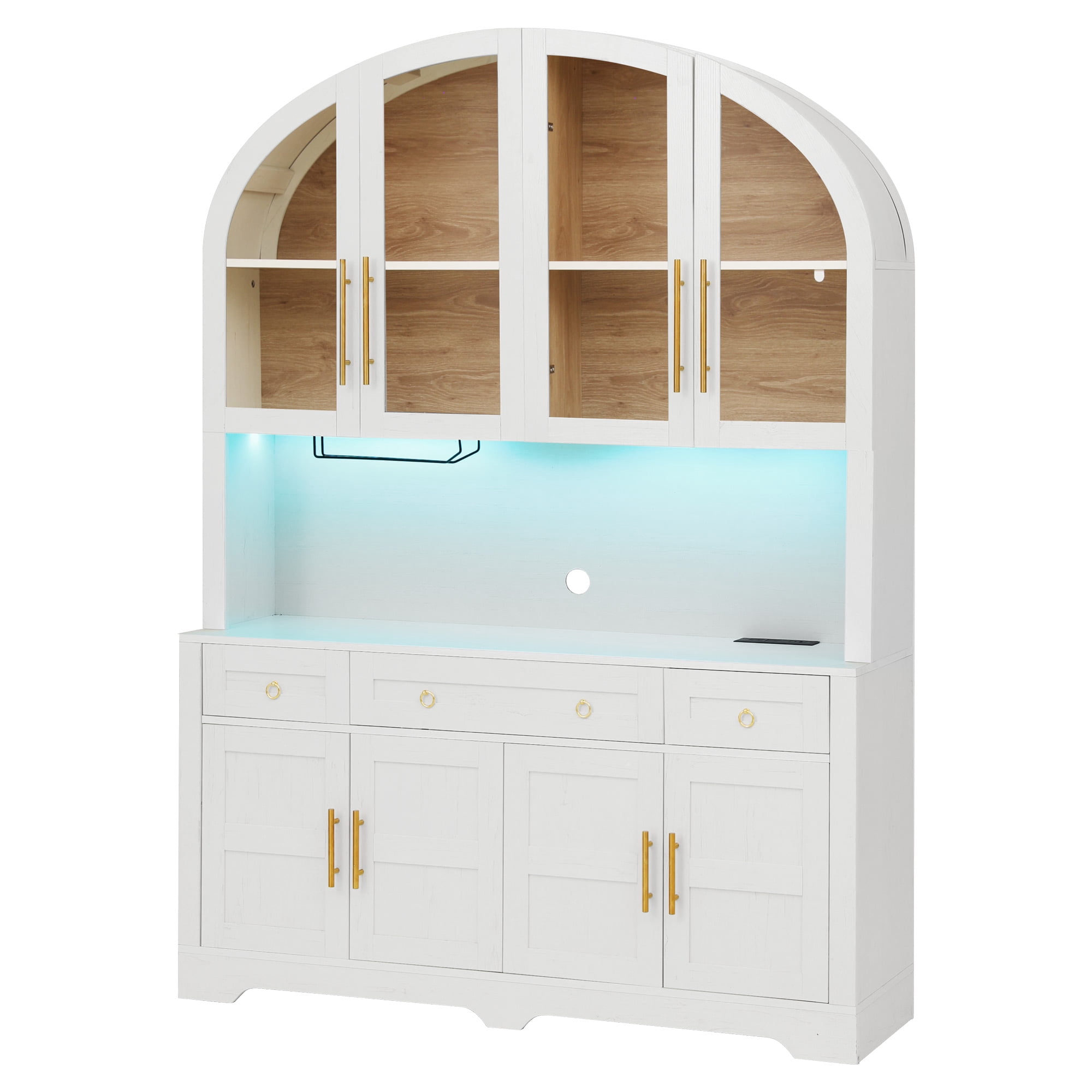Aukfa 75.6"H Large Tall Kitchen Pantry Cabinet with Hutch, Arched Glass Doors, Built-In Charging Station & Smart LED Light,White