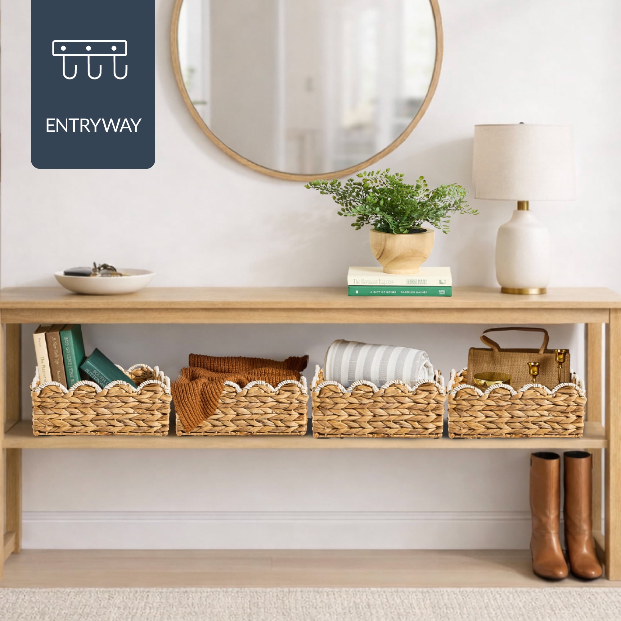 Best Choice Products 9x12 Scalloped Shelf Baskets, Woven Storage Bins, 4 Pack - Natural with White Trim