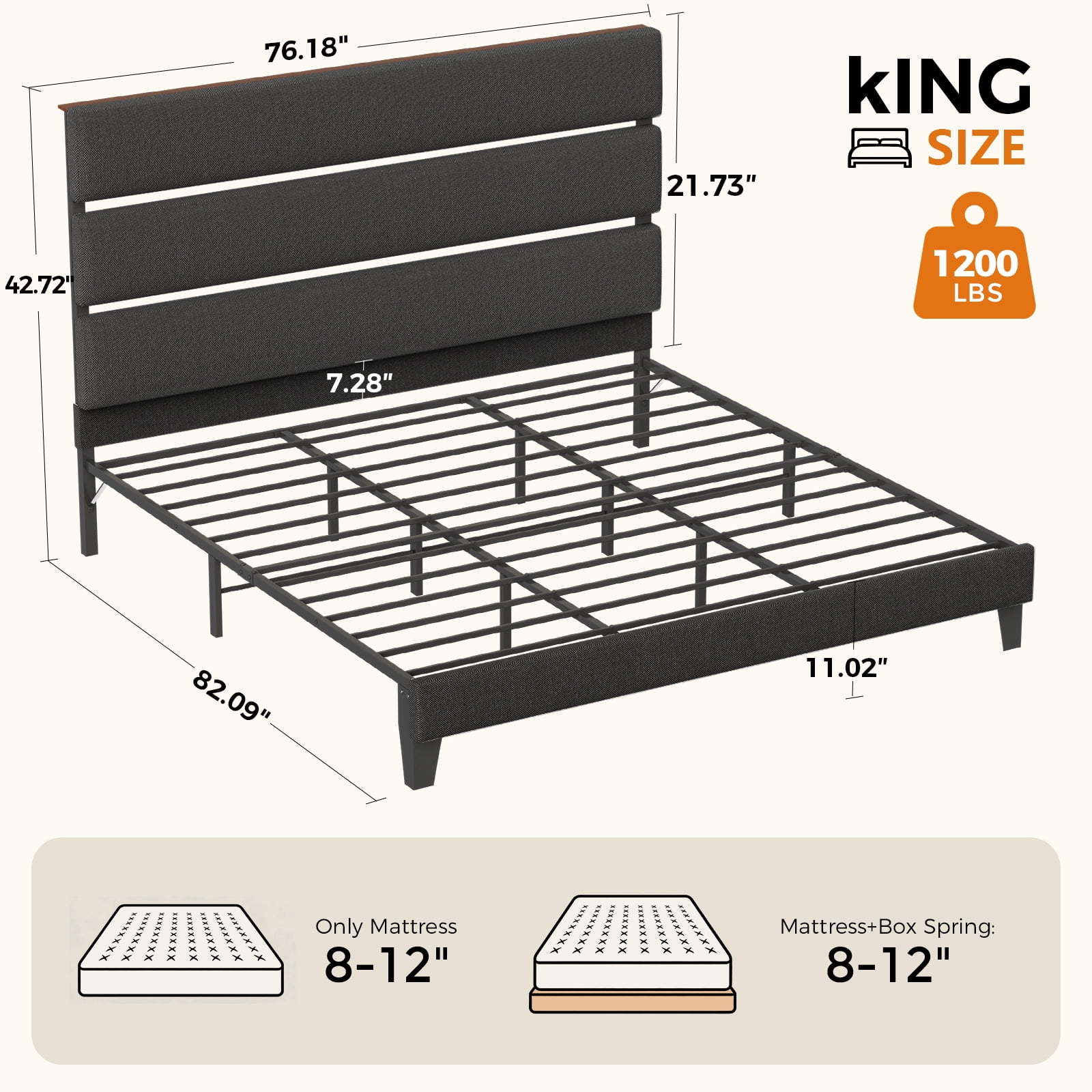 LUCKLIFE King Metal Bed Frame with Fabric Upholstered Headboard, No Box Spring Needed Noise Free, Gray