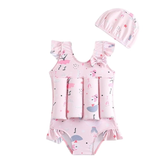 Edvintorg Girls Buoyancy Swimsuit 2 Piece Swimwear Cute Print Fly Sleeve Bathing Suit with Swim Cap 2026 Size 3-6