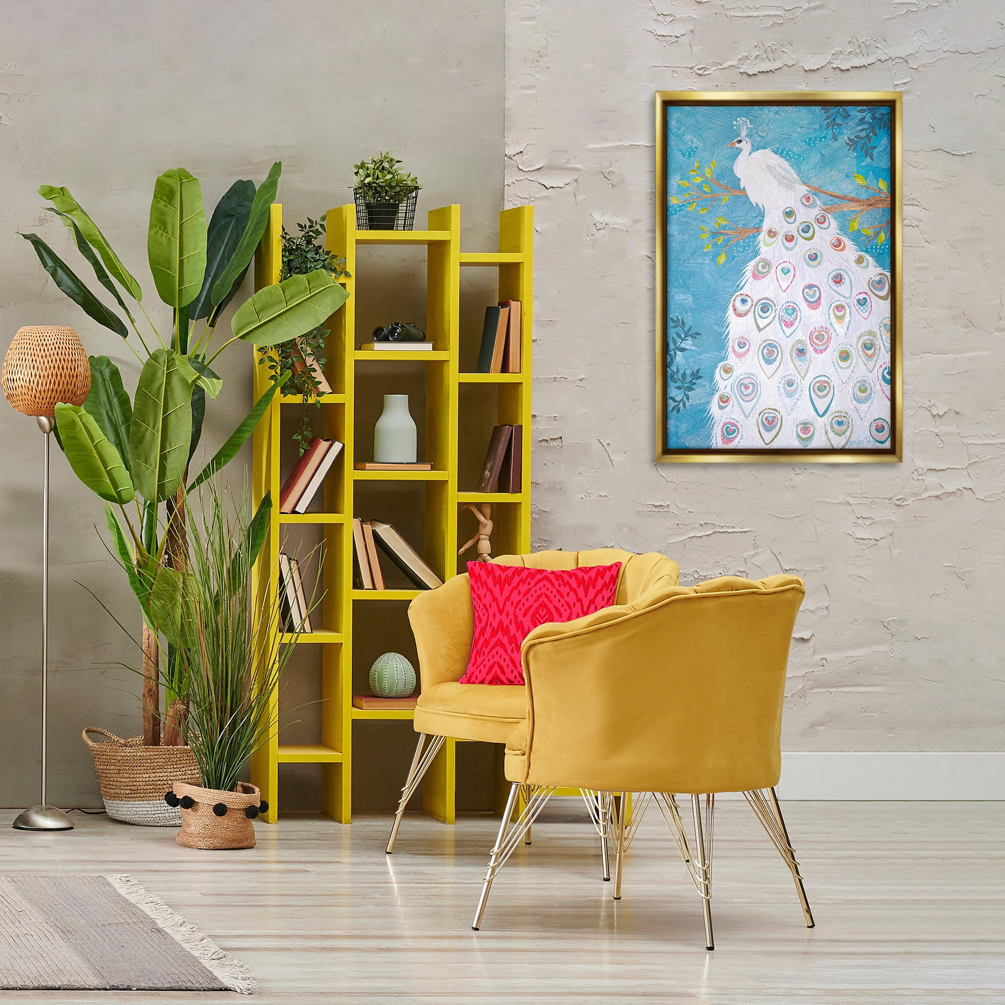 Stupell Industries White Patterned Peacock Animals & Insects Painting Gold Floater Framed Canvas Art Print Wall Art, 21 x 31