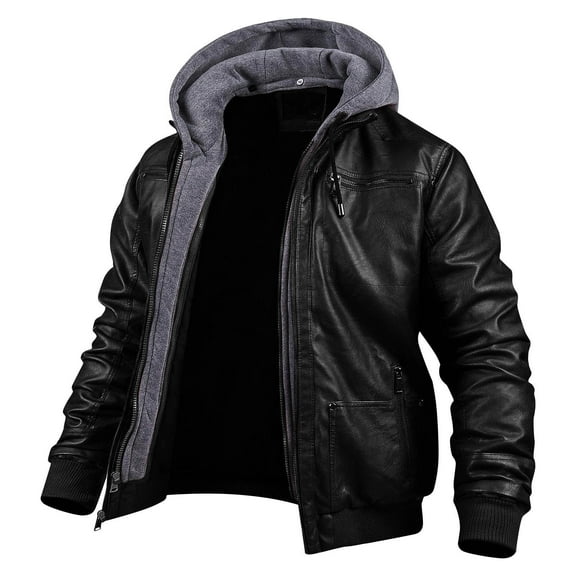 guisaled Faux Leather Jacket Men Full Zip Motorcycle Jacket Waterproof Windproof Pu Moto Vintage Bomber Jackets with Hood Clothes