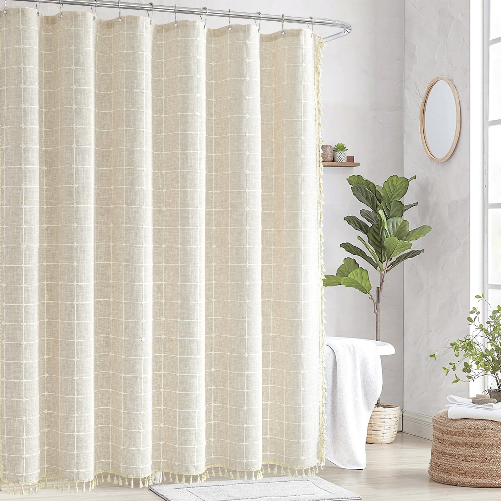 Lipa Boho Farmhouse Shower Curtain,Rustic Linen Blend Grid Shower Curtain with Tassels,Bathroom Shower Curtain with 12 Hooks,Beige,72" x 72"