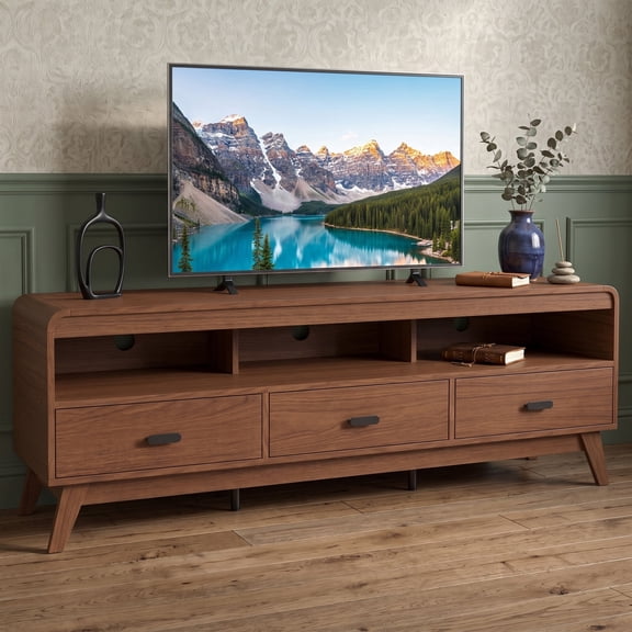 60" Mid Century Modern TV Stand for TVs up to 70" with 3 Drawers and Open Shelves, Entertainment Center for Living Room Bedroom, TV Media Console, Walnut