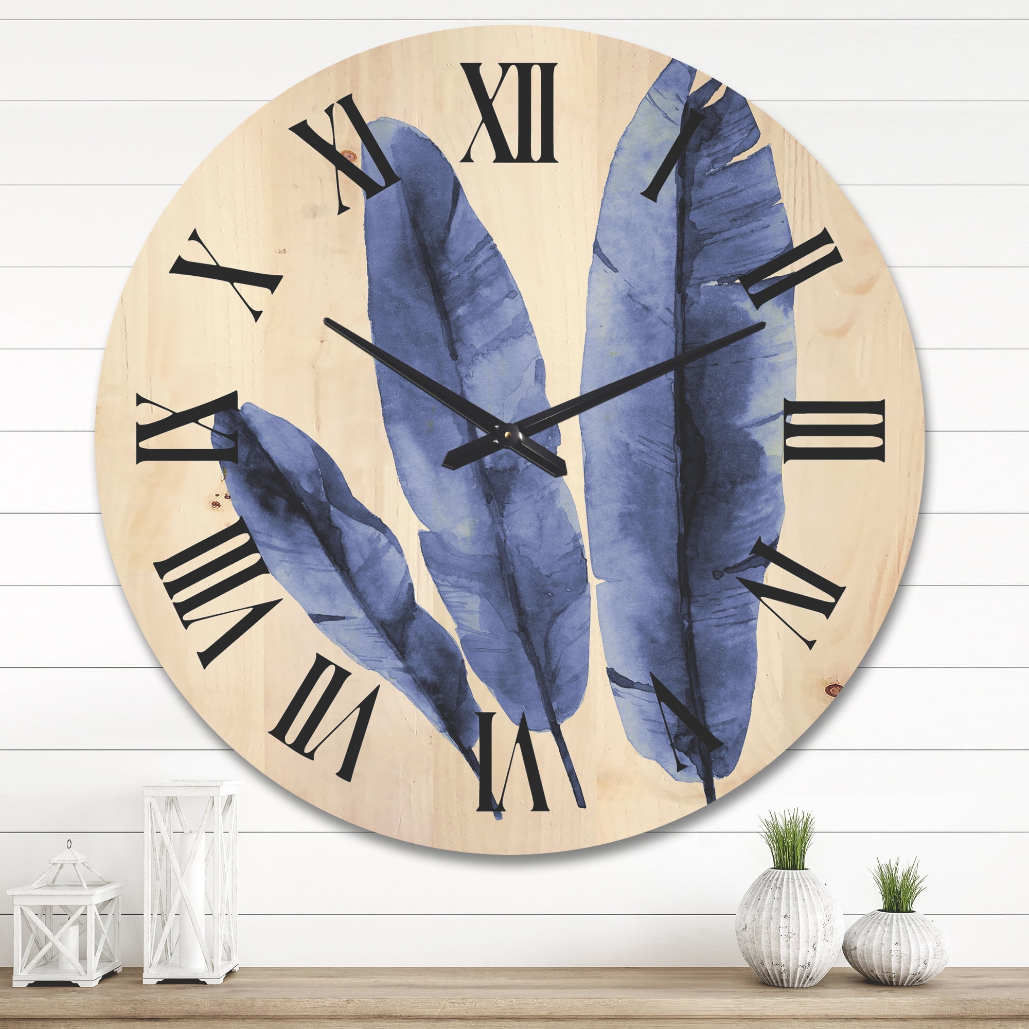Designart 'Navy Blue Tropical Banana Leaves On White' Tropical Wood Wall Clock