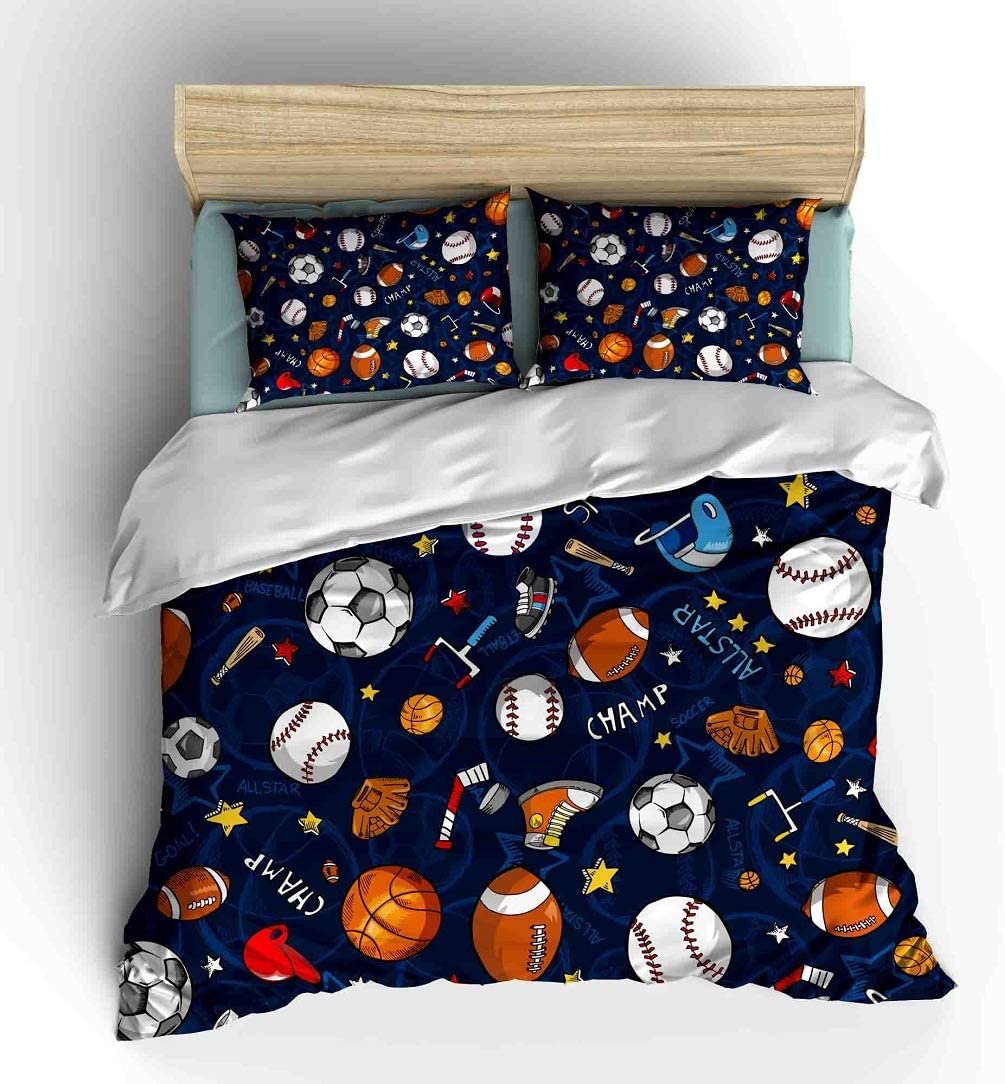 Full Size Sports Bedding Comforter Set for Teens Basketball Baseball Football Soccer Printed