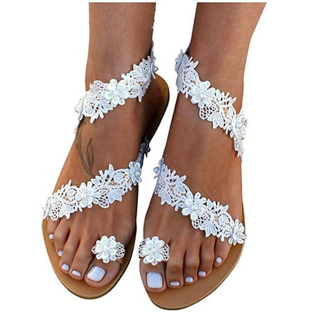 qucoqpe Summer Women s Flats Sandals Fashion Floral Lace Open Toe Breathable Elastic Strap Summer Ladies Comfy Sandals Flat Casual Beach Shoes