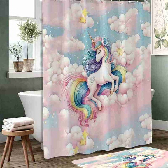 70x70 inch Dreamy Rainbow Unicorn on Pastel Clouds Shower Curtain, Waterproof Polyester Fabric with Hooks for Kids Bathroom Decor