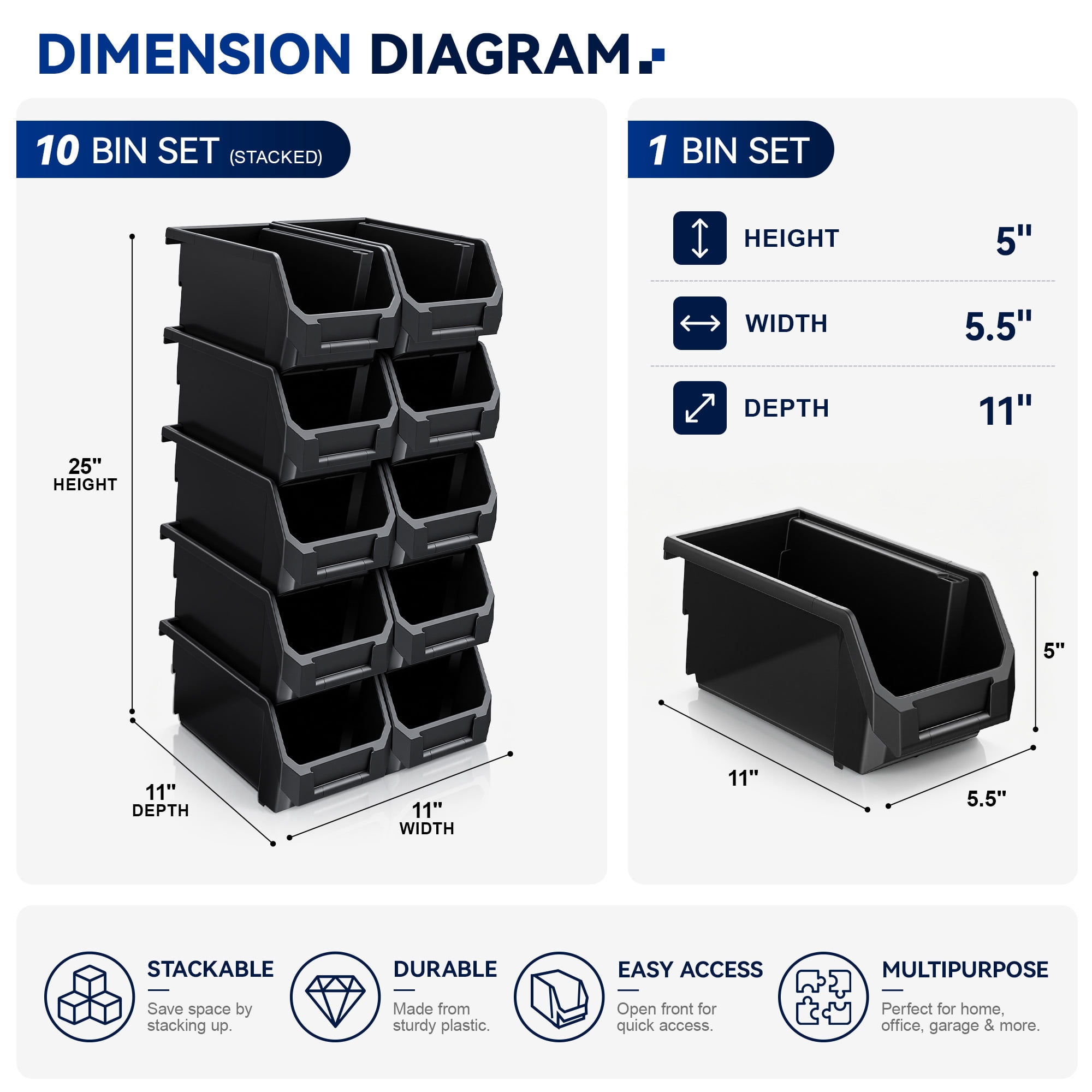 Sorbus Medium Open Front Stackable Storage Bins, Closet & Wardrobe Organizer, Black, 10 Pack