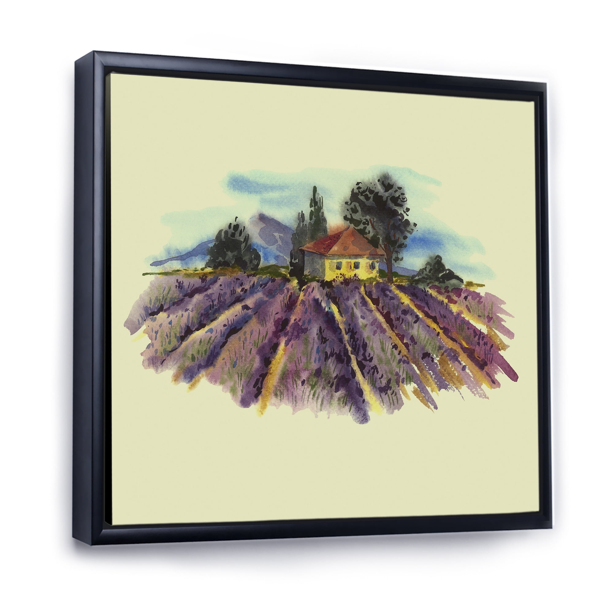 Designart 'Landscape With Blooming Lavender and Village House' Traditional Framed Canvas Wall Art Print