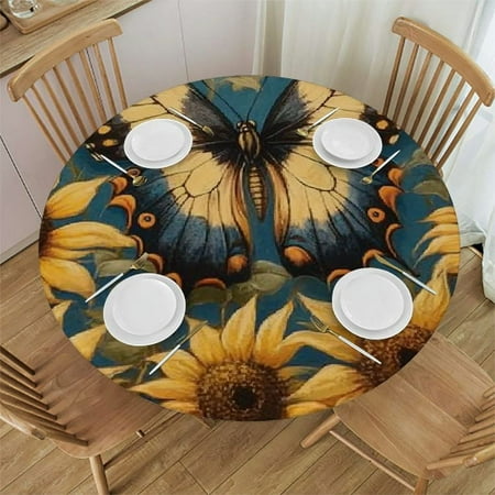 

BCIIG Sunflowers Butterfly Round Table Cover Stain Resistant Washable Indoor Outdoor Tablecloth Kitchen Dining Wedding Parties Waterproof 100% Polyester 42 -46