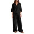 thumbnail image 3 of VBTAPA 2 Piece Outfits for Women 3/4 Sleeve V Neck Top Wide Leg Pants Matching Lounge Sets Travel Casual Outfit Set Black S, 3 of 8