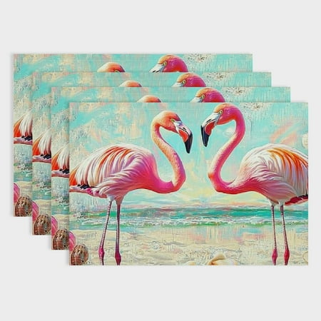 

Pratyus 4pcs Flamingos Beach Shells Linen Placemat Set for Dining Tables Home Decor 18x12in