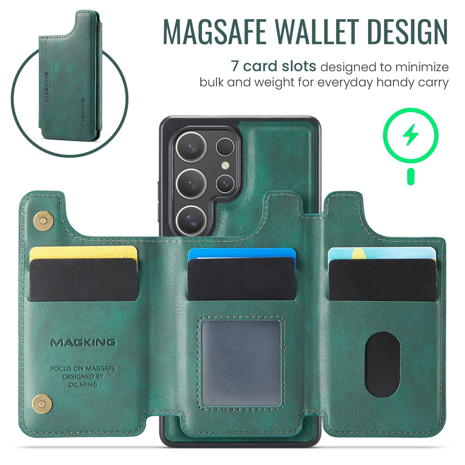 Designed for Samsung Galaxy S24 Ultra Wallet Phone Case,Magnetic Detachable Flip Card Holder,Back Flip Kickstand,Compatible with Mag-Safe,2-in-1 PU Leather Heavy Duty Shockproof Phone Case,Green