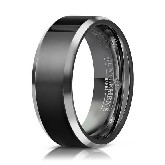 Men's Black Tungsten Carbide Wedding Band - Premium Grade Tungsten Black Wedding Band Beveled - Includes Silicon Band, Leather Drawstring Pouch, & Luxury Walnut Ring Box (Size 5)