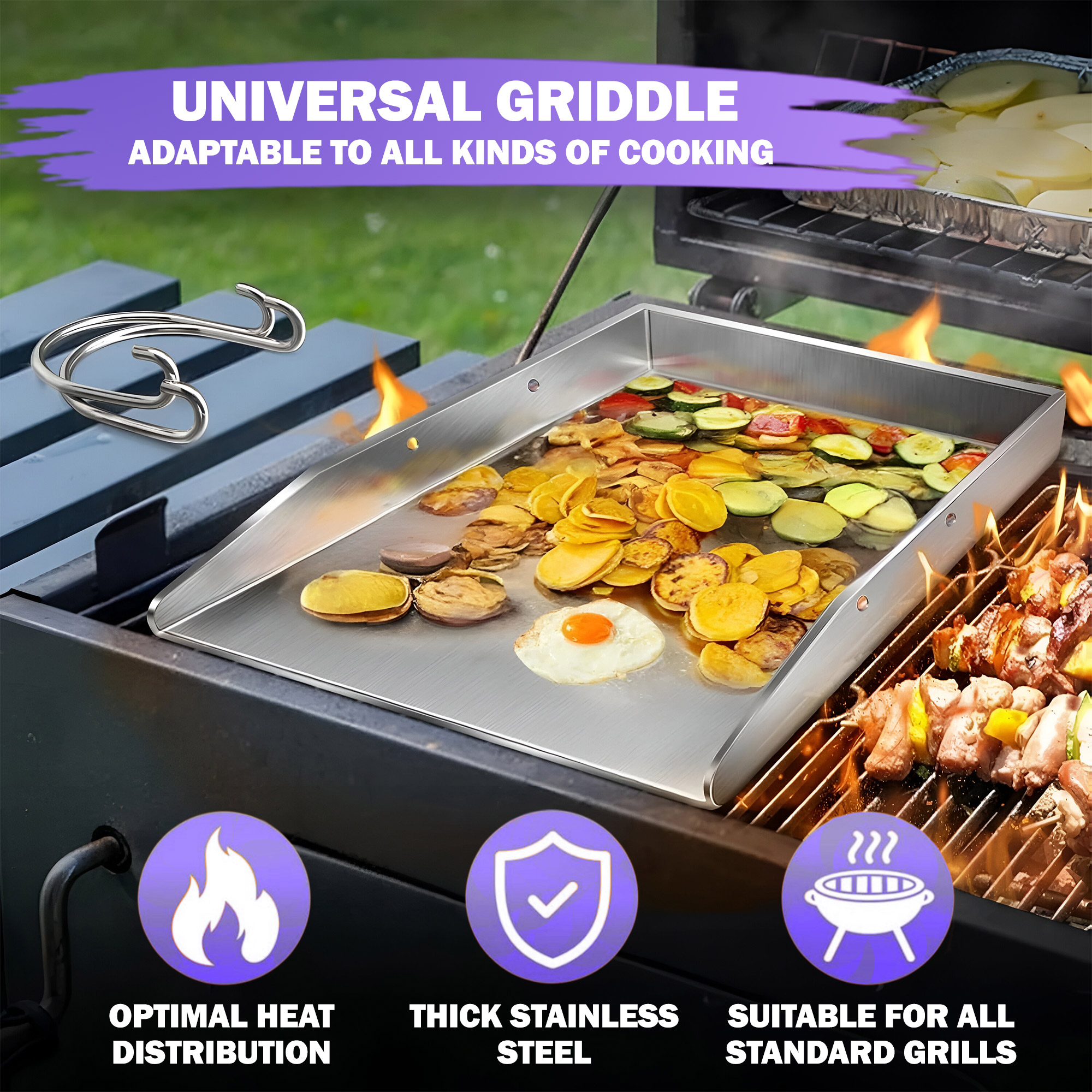 11.8" x 15.8" Griddle/Plancha Grill Plate – 4 mm Thick Stainless Steel BBQ Griddle Accessory with Removable Handles for Gas & Charcoal Grills