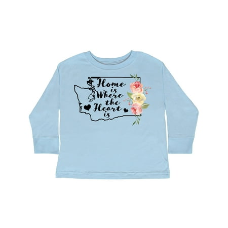 

Inktastic Washington Home is Where The Heart is with Watercolor Floral Gift Toddler Toddler Girl Long Sleeve T-Shirt