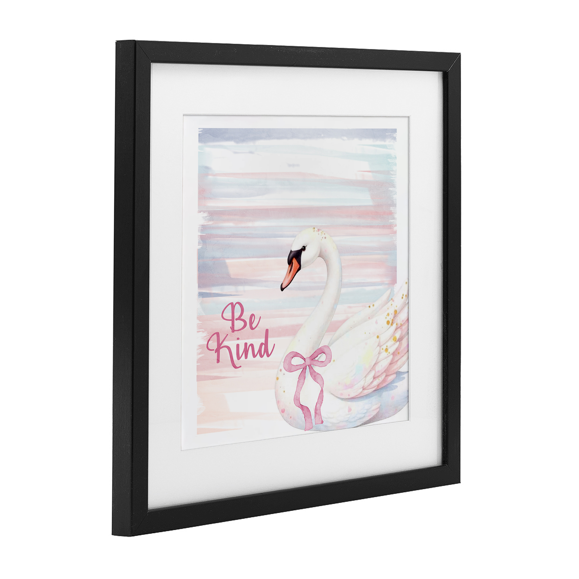 Be Kind Pastel Swan Black Framed Print Under Glass, design by Kim Allen