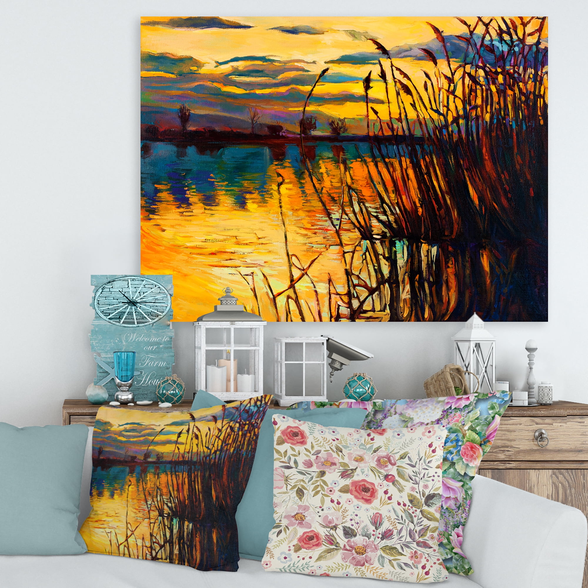 Designart ' Yellow Evening Glow Through The High Grass By The Lake ' Nautical & Coastal Canvas Wall Art Print