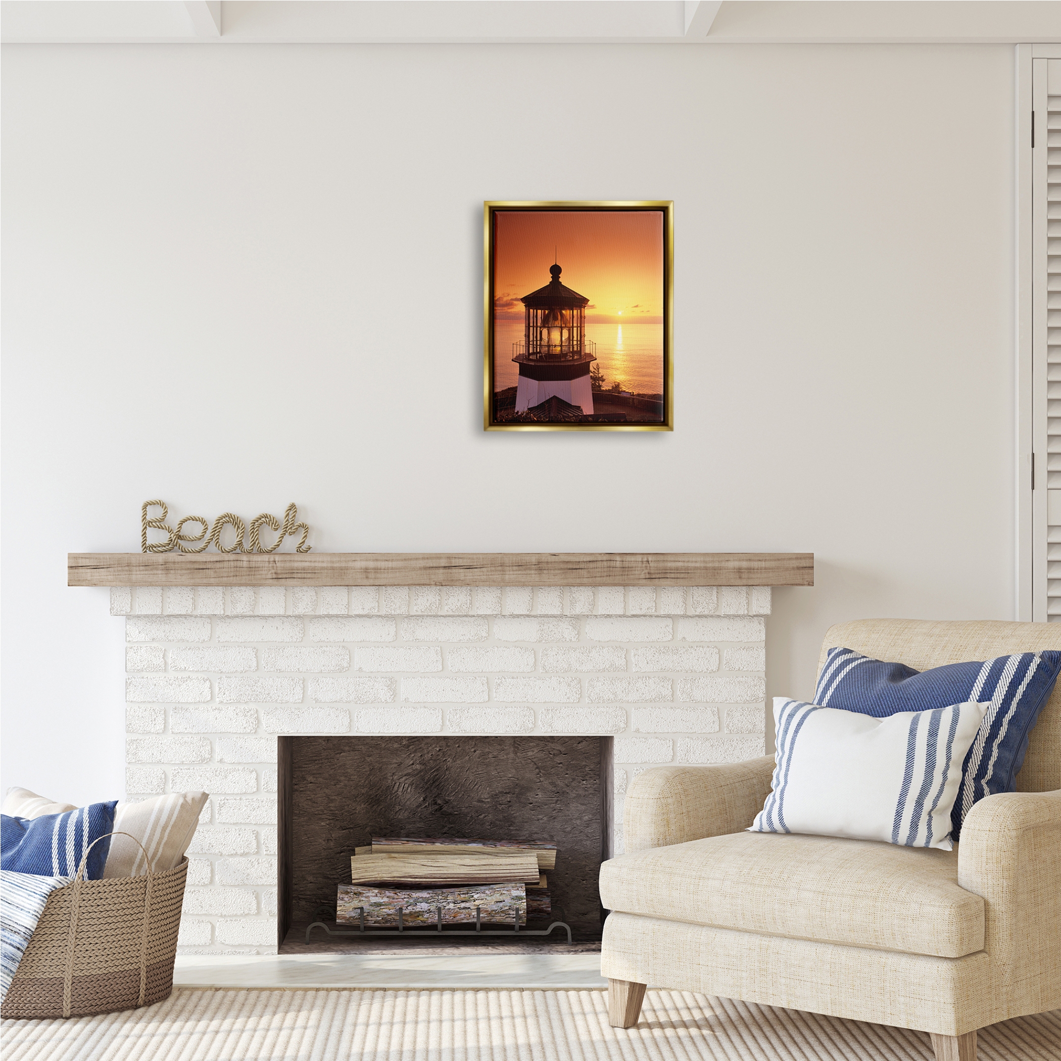 Stupell Industries Lighthouse Beacon at Sunset Nature Photography Gold Floater Framed Art Print Wall Art, 17 x 21