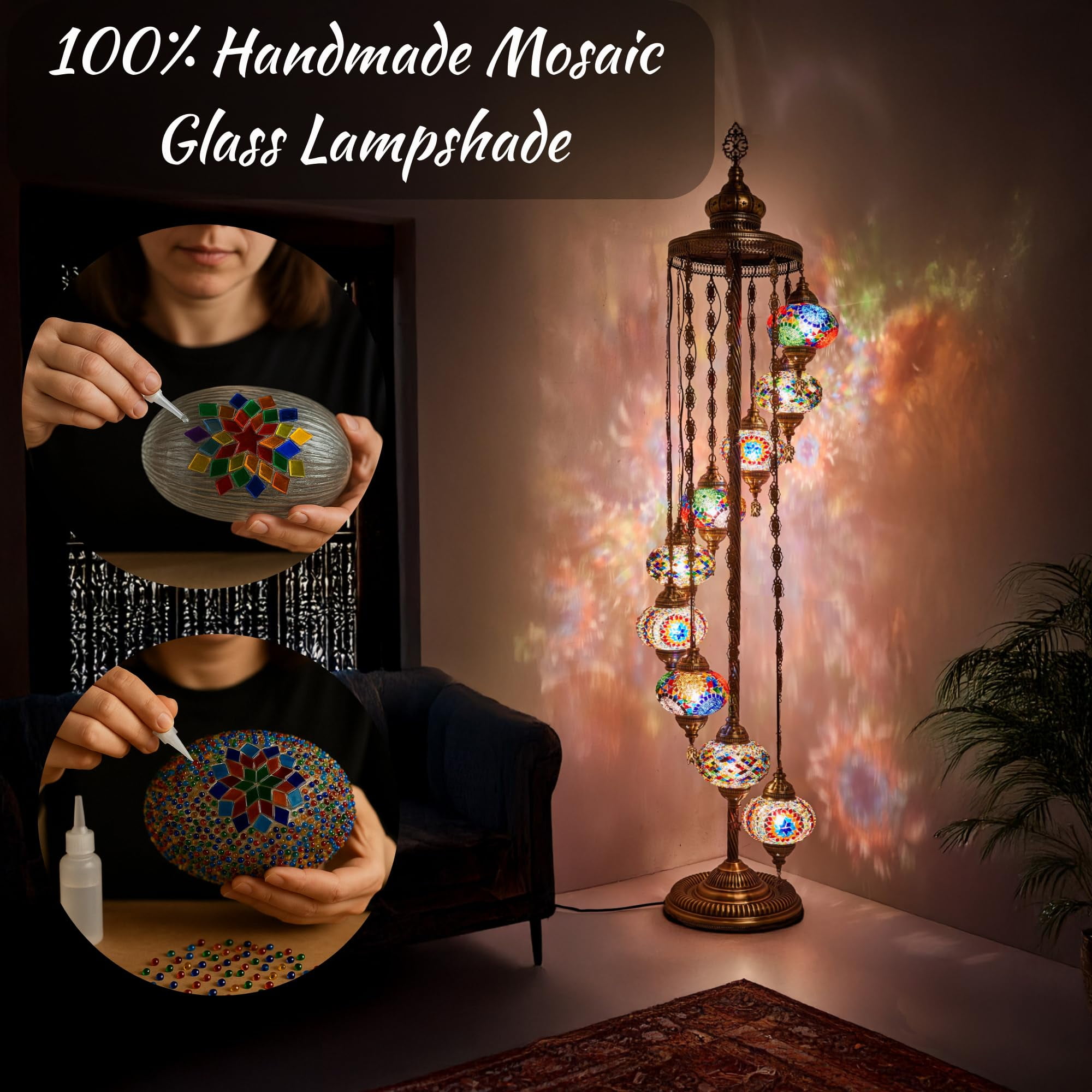 DEMMEX 9-Globe Turkish Moroccan Mosaic Floor Lamp, 6ft Handmade Bohemian Standing Light, Tall Tiffany-Style Decorative Lamp with Mosaic Glass Globes – Handmade in Turkey (Multicolor)