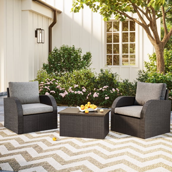 CorLiving Brisbane 3 Piece Rust Resistant Resin Wicker and Steel Outdoor Conversation Set with 2 Arm Chairs with Cushions and a Glass Topped Coffee Table, Charcoal Grey/Light Grey