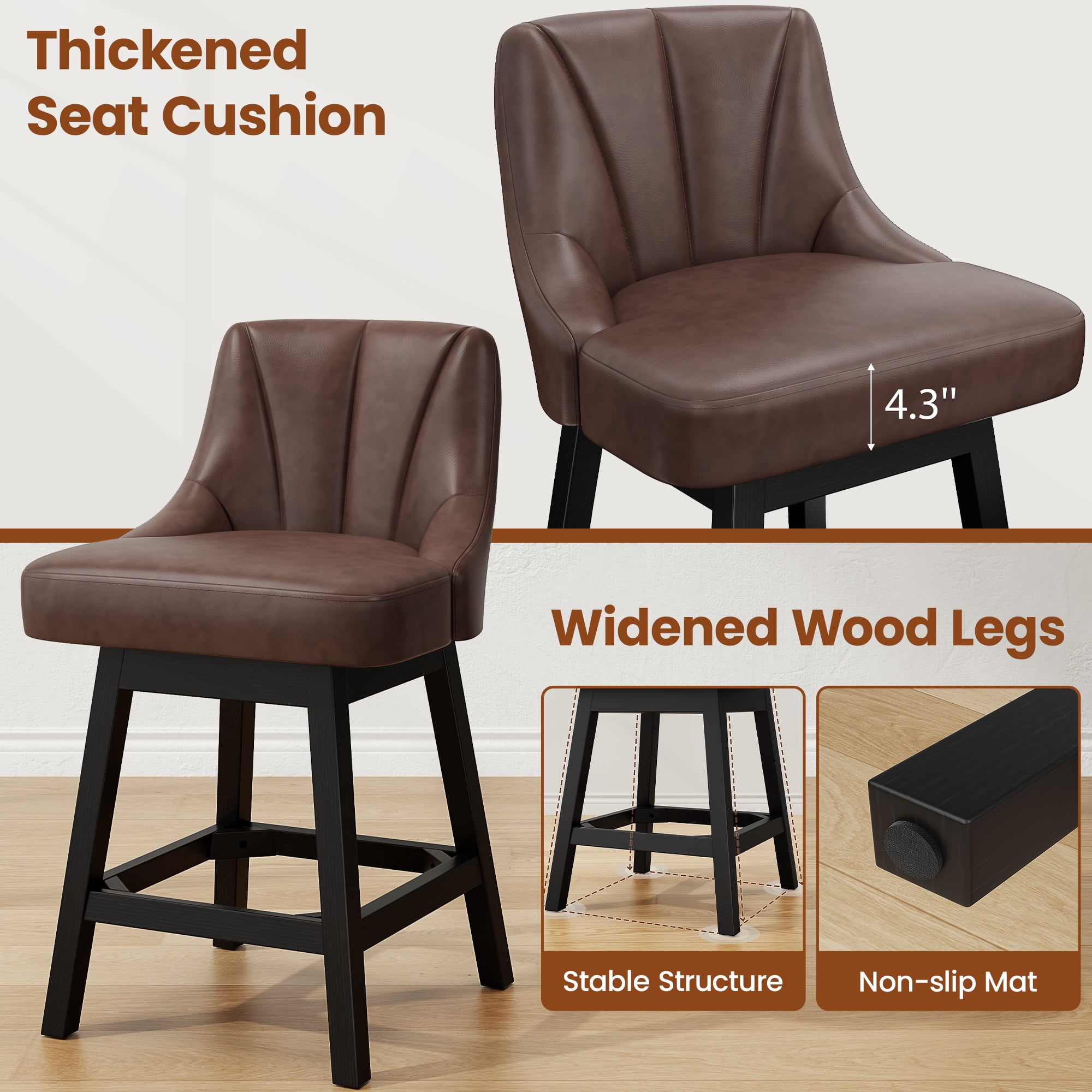 LainTene 26" Swivel Bar Stools with Backs, 26" Counter Height Bar Stools, Extra Upholstered Counter Barstools with Square Solid Wood Legs for Kitchen Island, Dining Room