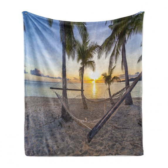 Tropical Soft Flannel Fleece Throw Blanket, Paradise Beach Hammock and Coconut Palm Trees Horizon Coast Vacation Scenery, Cozy Plush for Indoor and Outdoor Use, 70" x 90", Multicolor, by Ambesonne