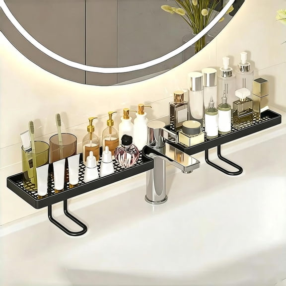 No Drill Freestanding Sink Faucet Storage Rack U Shape Cutout Bathroom Countertop Organizer Shelf for Makeup Bottles Toothbrushes Wash Supplies