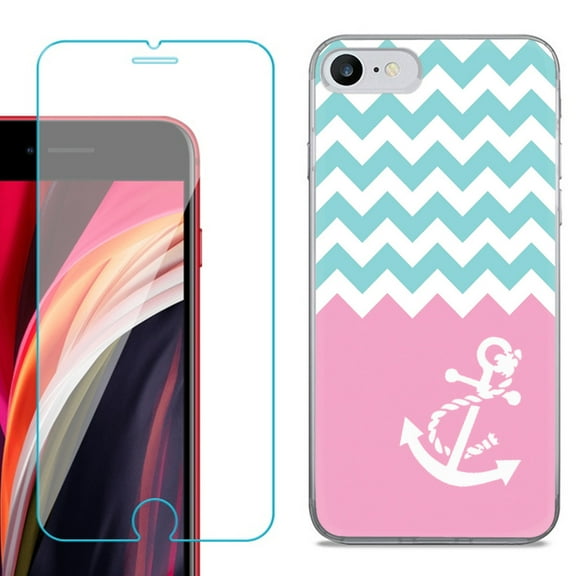 Slim-Fit Fashion Gel Phone Case for iPhone SE 2022, with Tempered Glass Screen Protector, by OneToughShield ® - Chevron/Anchor