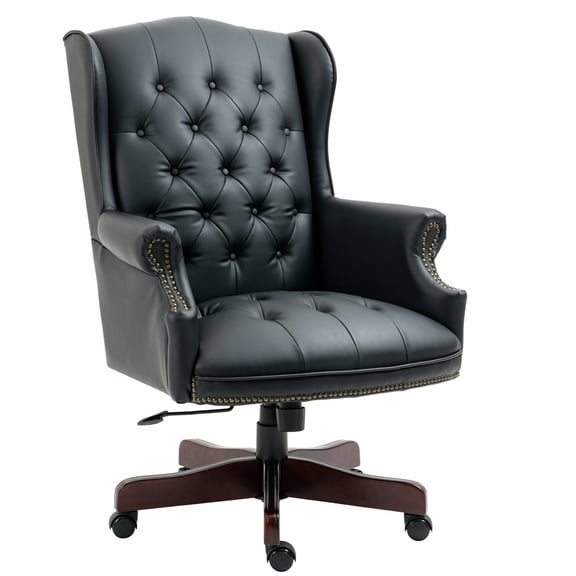 PU Leather Desk Chair with High Back, 360° Rotating Boss Chair Executive Office Chair with Wingback and Smooth Glide Caster Wheels, Comfy Computer Work Chair with Thick Padded Seat and Backrest, Black