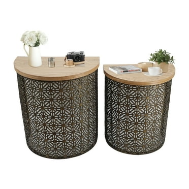 Set of 2 Wood and Metal Vintage Half-Round Tables, Nesting Half Moon Side Tables, Decorative Coffee Tables for Living Room Bedroom, 20.3"H / 22.2"H