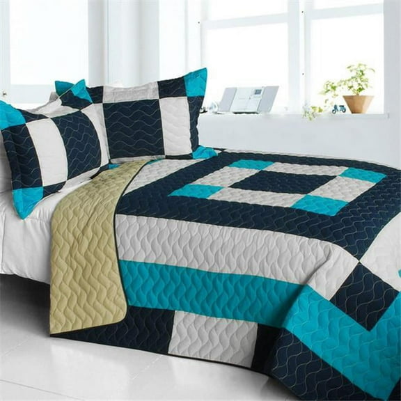 ONITIVA-QTS01279-23 Sea Center - 3 Pieces Vermicelli-Quilted Patchwork Quilt Set  Full & Queen Size - Blue